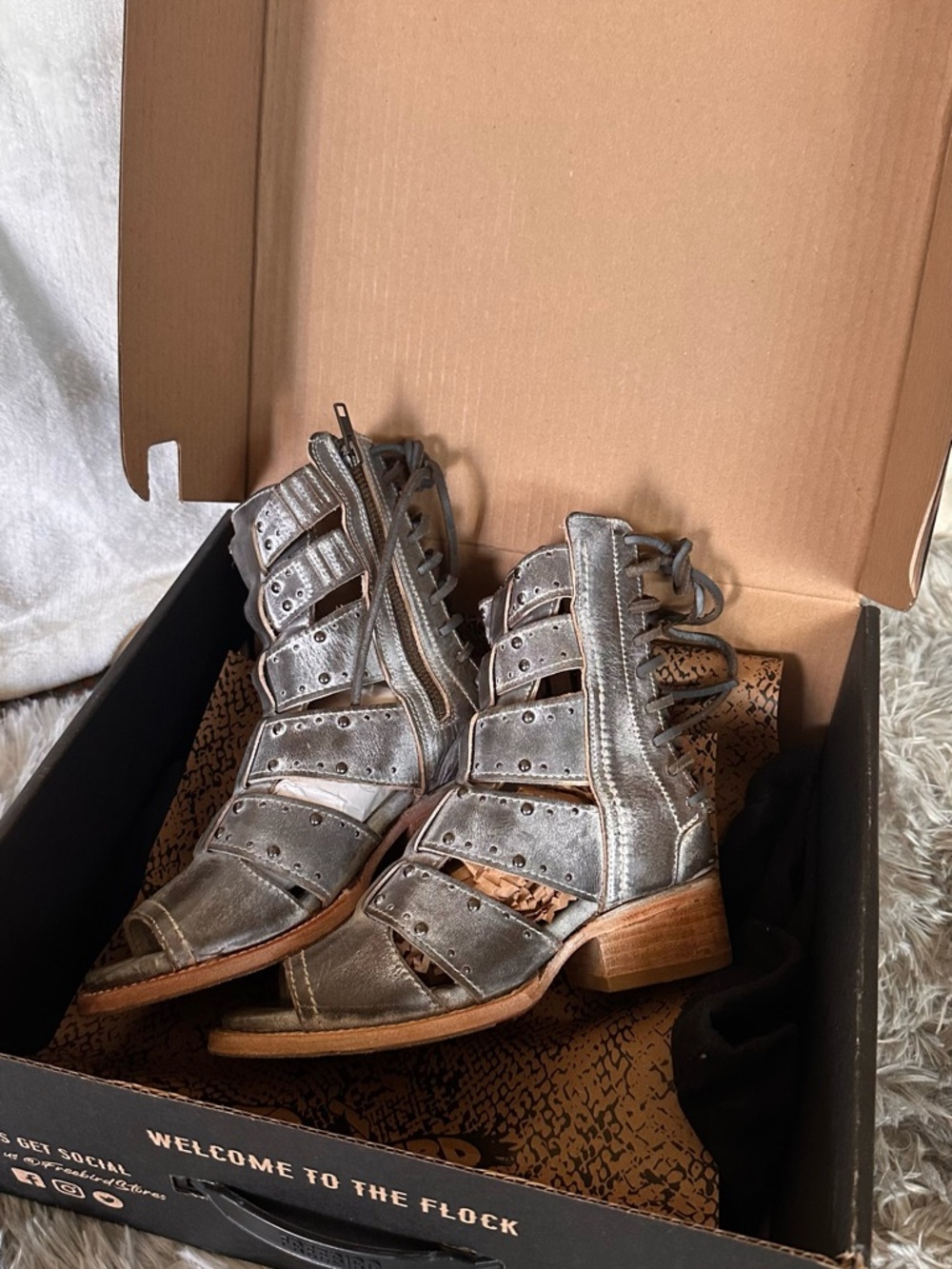 Freebird ICE GHOST Strappy Open-Toe Block Heel Sandals. Size 5
